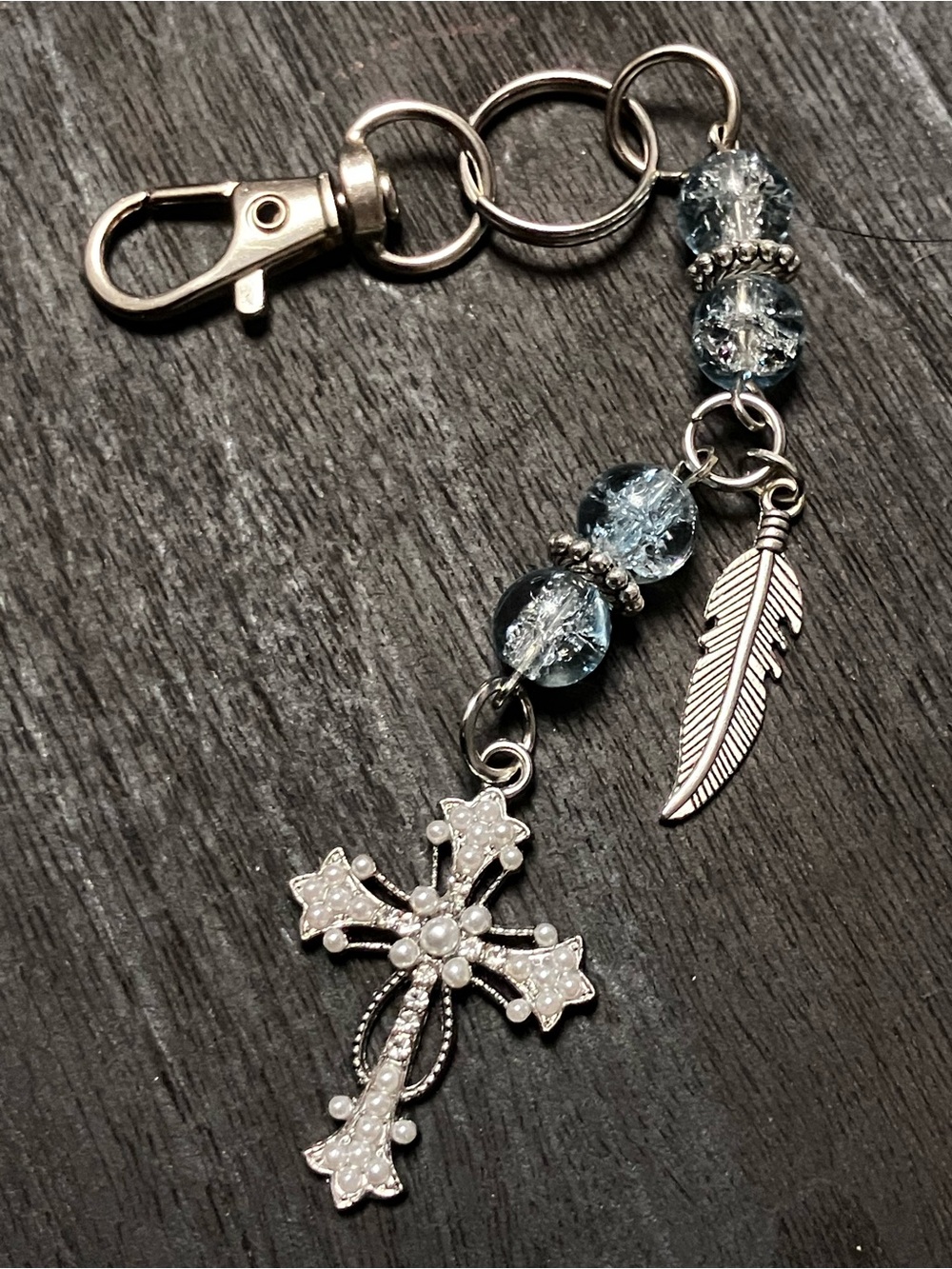Blue crackle glass beads/silver cross/feather charm/keychain